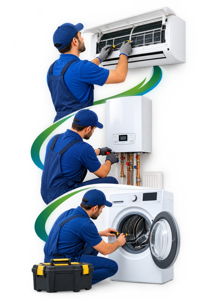 Takyeef Care technicians repairing air conditioners, heaters, and washing machines in Riyadh
